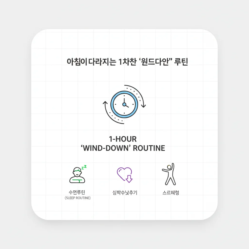 아침이 달라지는 1시간 '윈드다운' 루틴 핵심 요소 인포그래픽