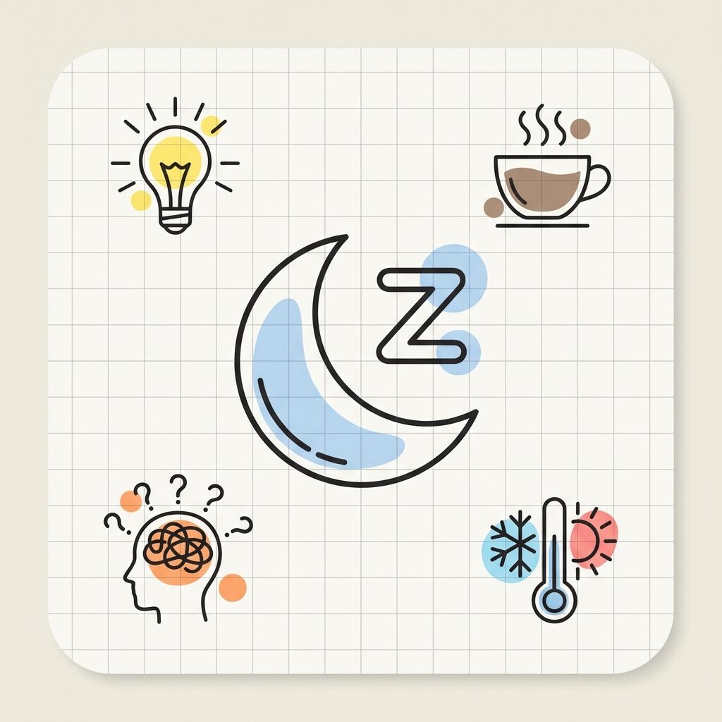 수면을 방해하는 요인(빛·카페인·스트레스·온도)을 아이콘으로 정리한 인포그래픽